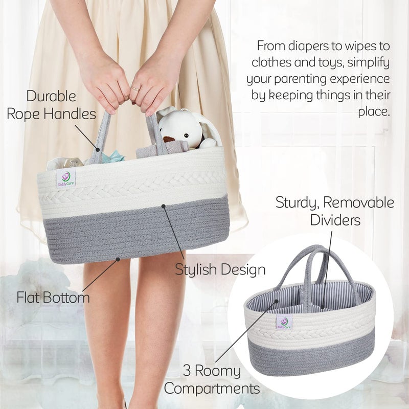KiddyCare Woven Diaper Caddy Organizer, Large Gray Multi Functional Portable Baby Basket with Handle, Baby Gift for Boy/Girl Nursery Storage, Organization, and Modern Car Diaper Caddy Gray X-Large - Image 4